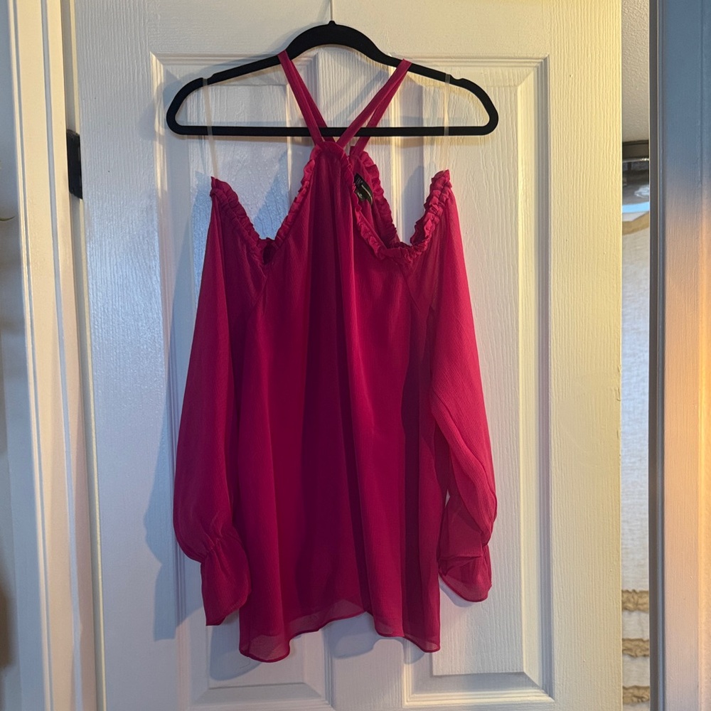 INC International Concepts Hot Pink Cold-Shoulder Halter Blouse